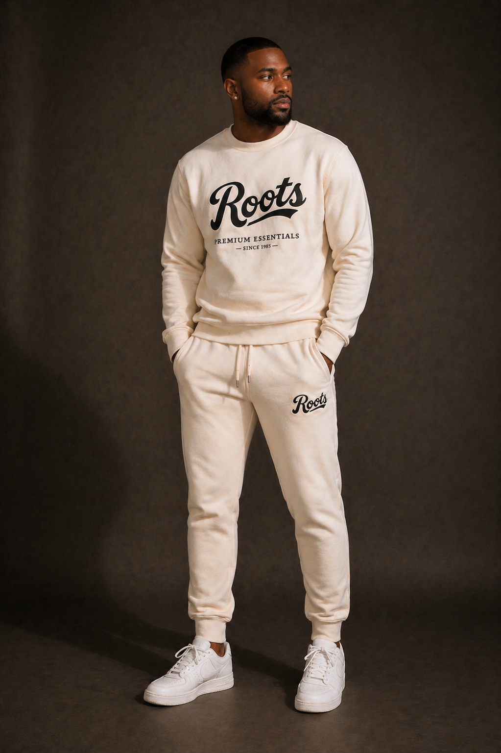 Roots Premium Essentials Crewneck Sweatsuit (Cream)
