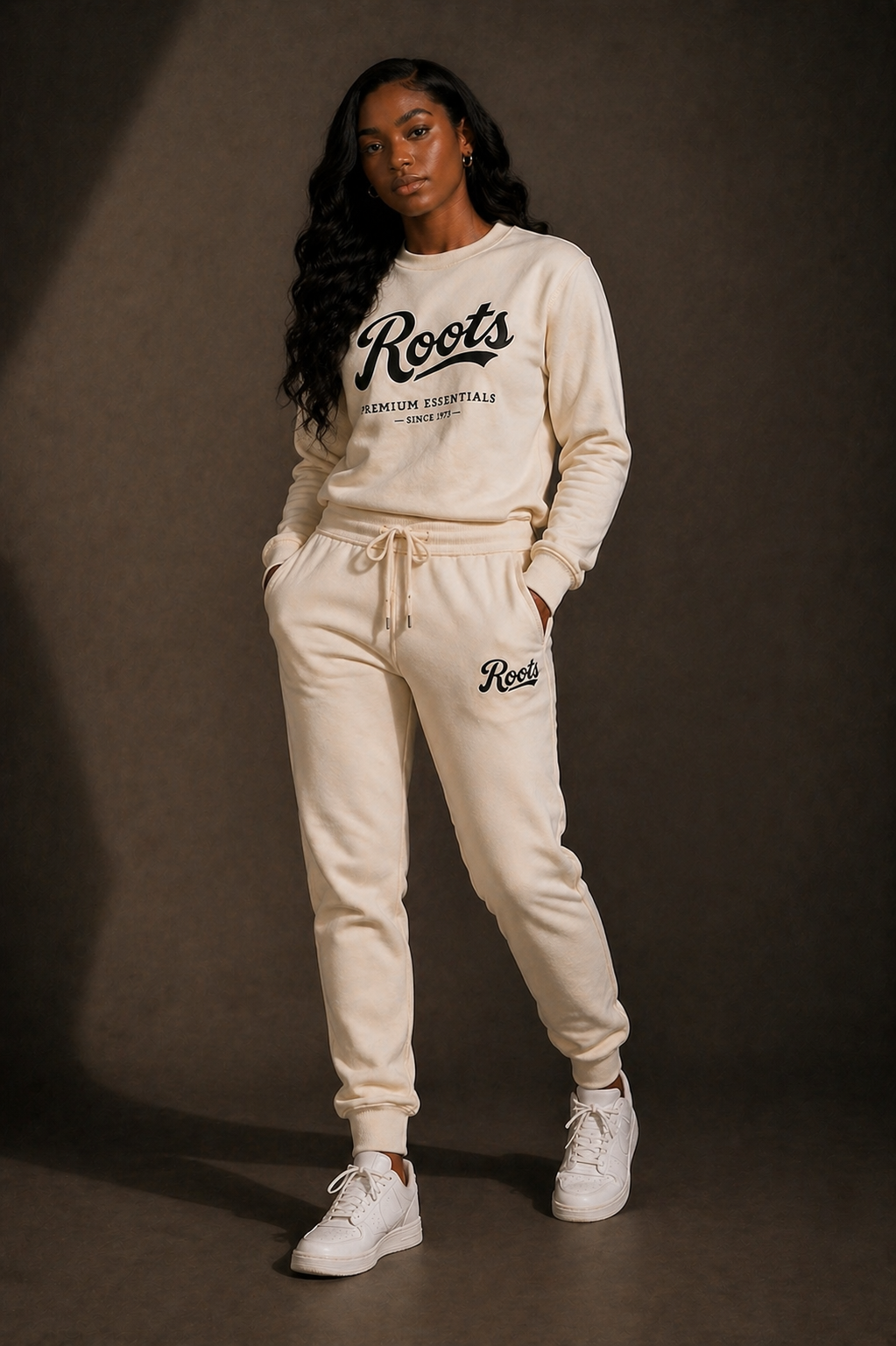 Roots Premium Essentials Crewneck Sweatsuit (Cream)